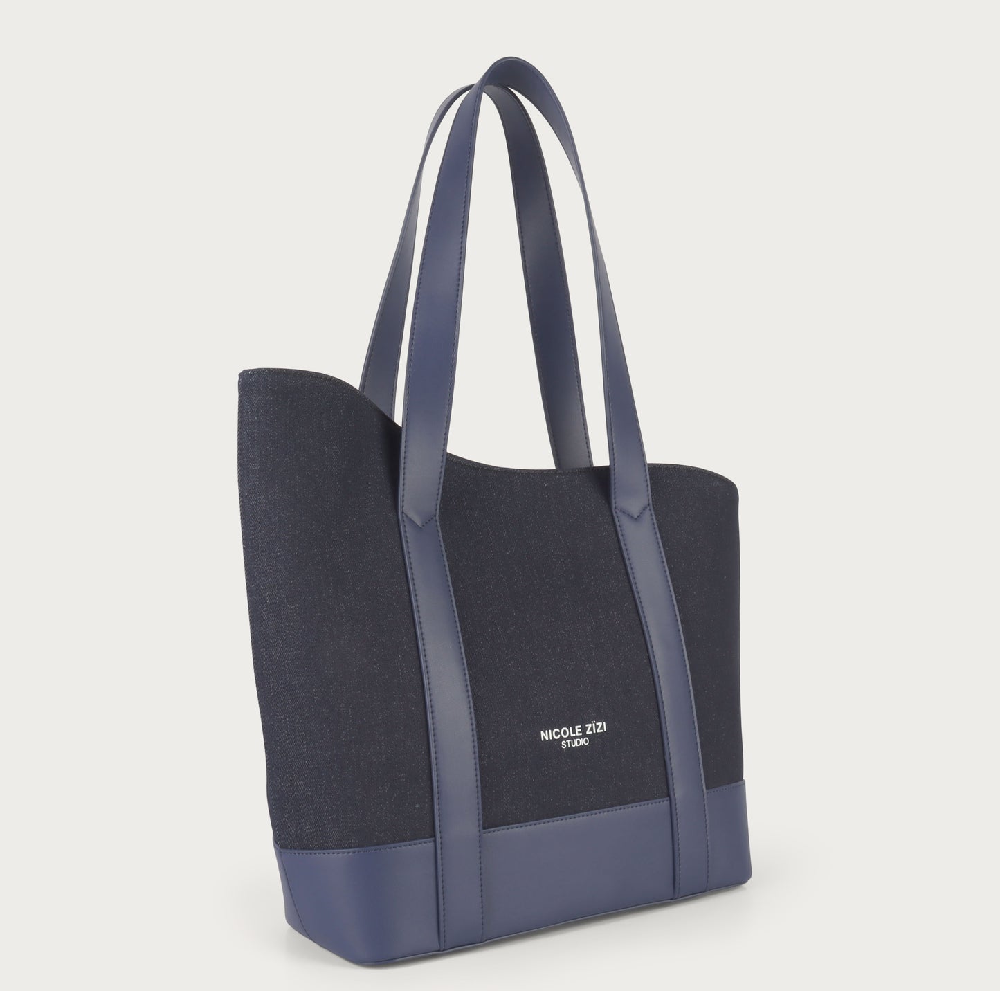 Blue Asymmetrical Apple Peel Leather and Denim Tote Bag