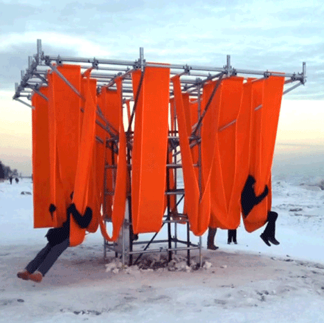 Upcycling Lifeguard towers into winter swingset for Toronto's frozen beaches by WMB Studio