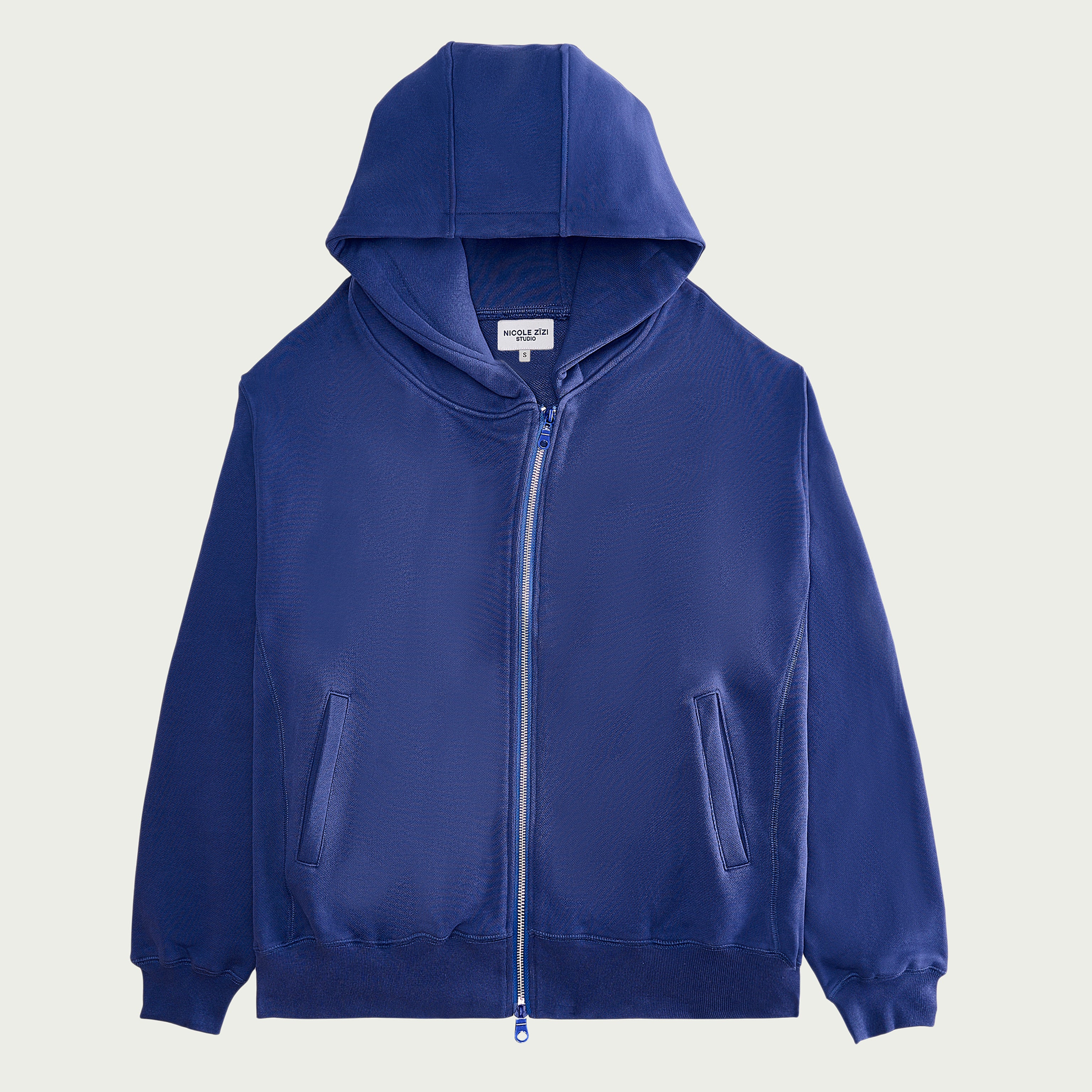 Cotton Blue Asymmetrical Zip Hooded Sweatshirt – NICOLE ZÏZI STUDIO