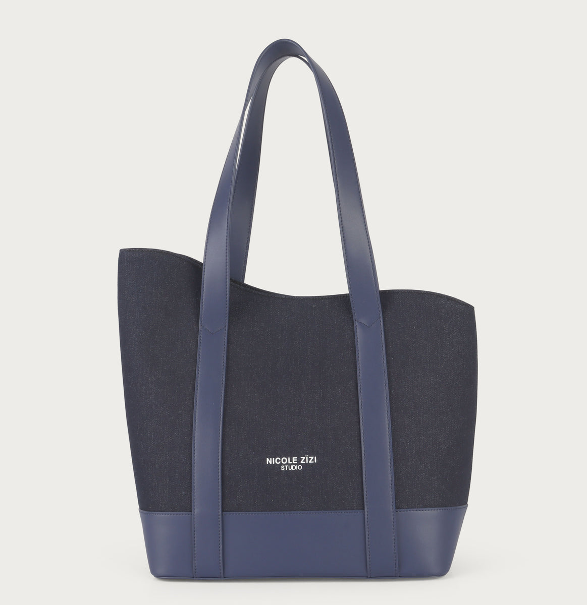 Blue Asymmetrical Apple Peel Leather and Denim Tote Bag