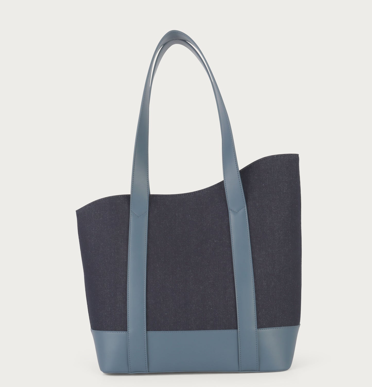 Blue Asymmetrical Apple Peel Leather and Denim Tote Bag