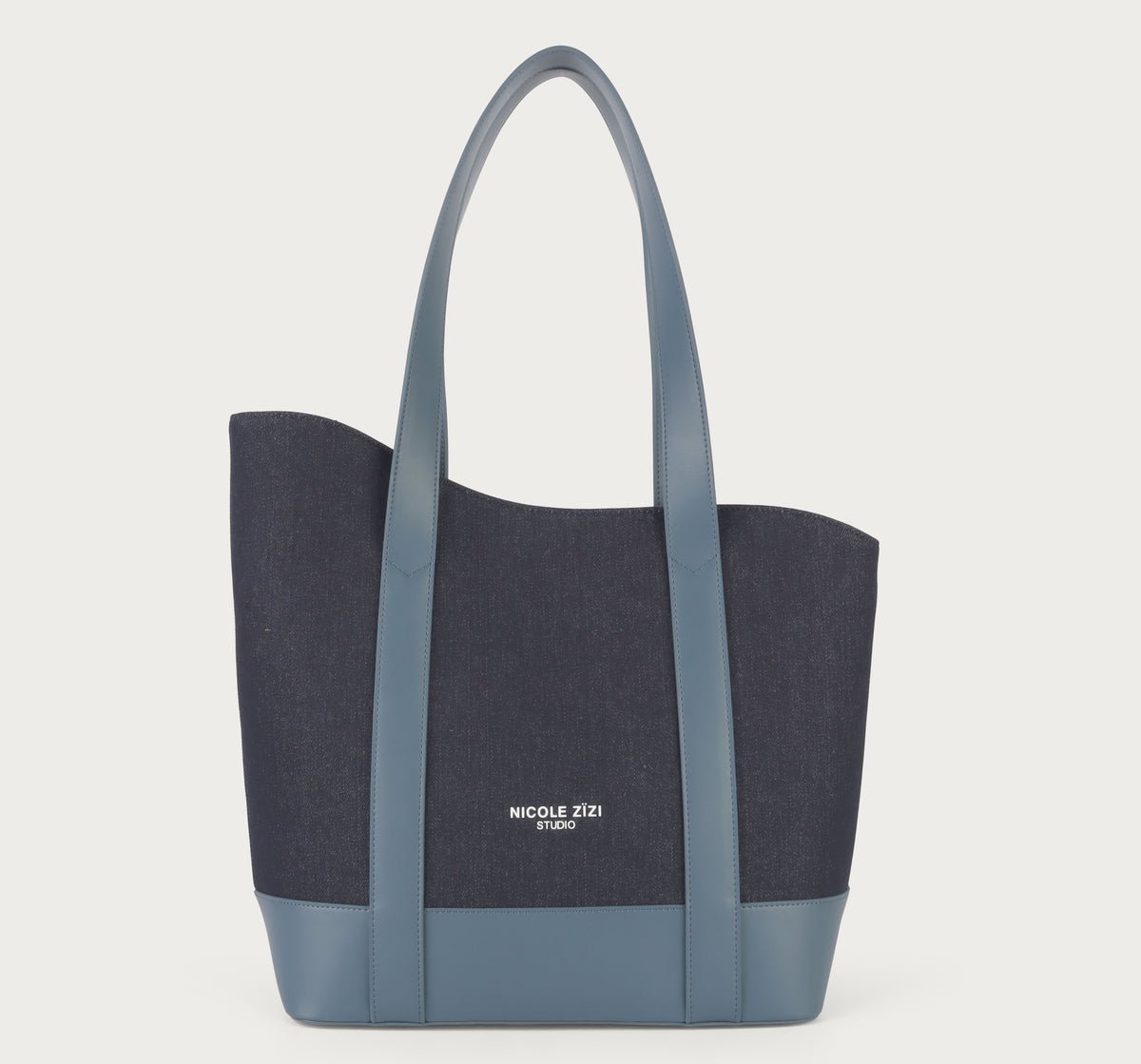 Blue Asymmetrical Apple Peel Leather and Denim Tote Bag