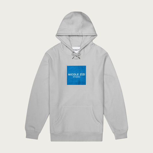 Organic Cotton Box Grey Blue Logo Hooded Sweatshirt
